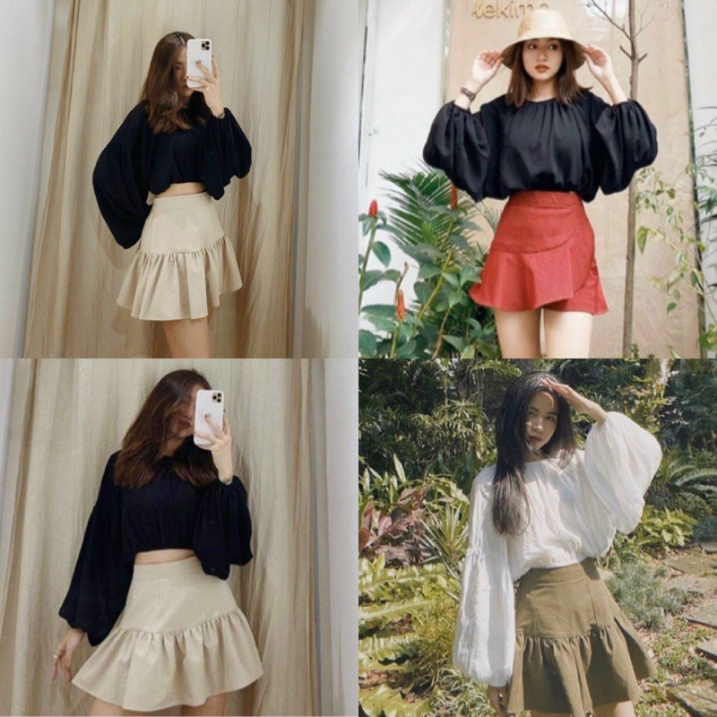 Áo Kiểu BATWING BLOUSE tay dài cổ tròn form chuẩn dễ mix chất linen thun mềm mịn tay áo s bo chun