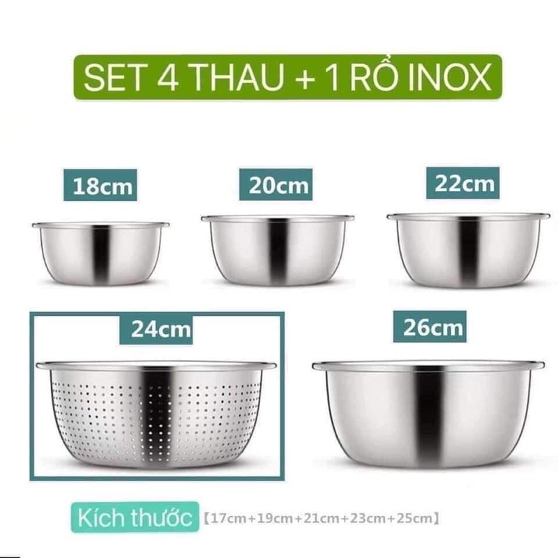 Bộ 5 tô inox các cỡ từ to đến nhỏ 5 kích thước (4 tô 1 rổ)