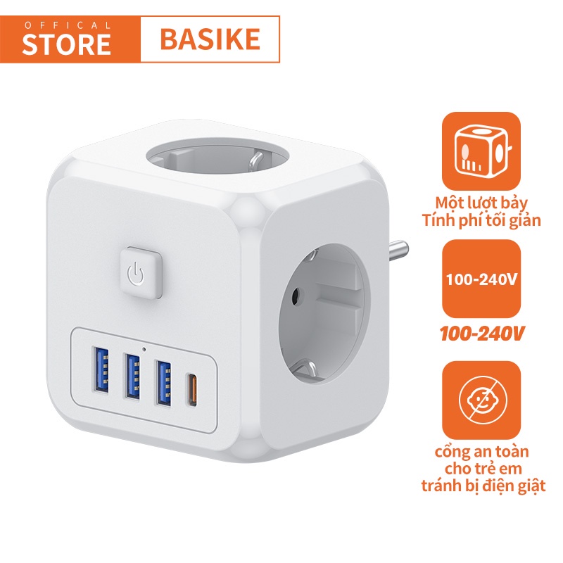 Ổ cắm điện đa năng BASIKE Sạc Nhanh PD 15W cổng USB + TypeC, 5 lỗ cắm tải 4000W an toàn - Bảo vệ gấp chín lần