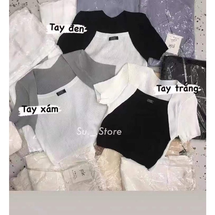 Áo len mông mỏng - kiểu cổ vuông tay cộc phối màu mới