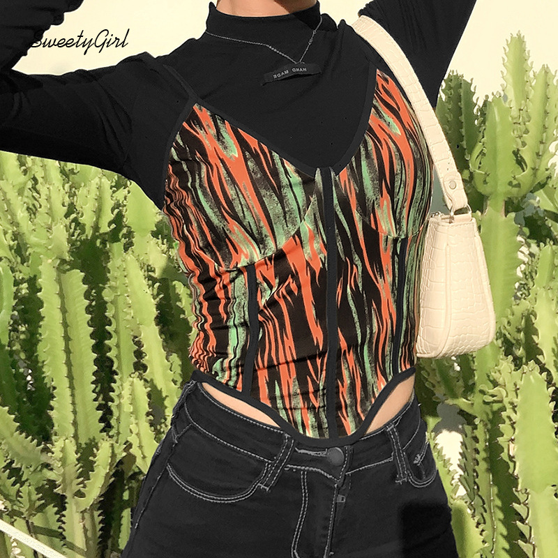SweetyGirl Fashion Women Two Pieces Clothing Set Multicolor Printing Tank Top + Half High Collar Long Sleeves Crop Top