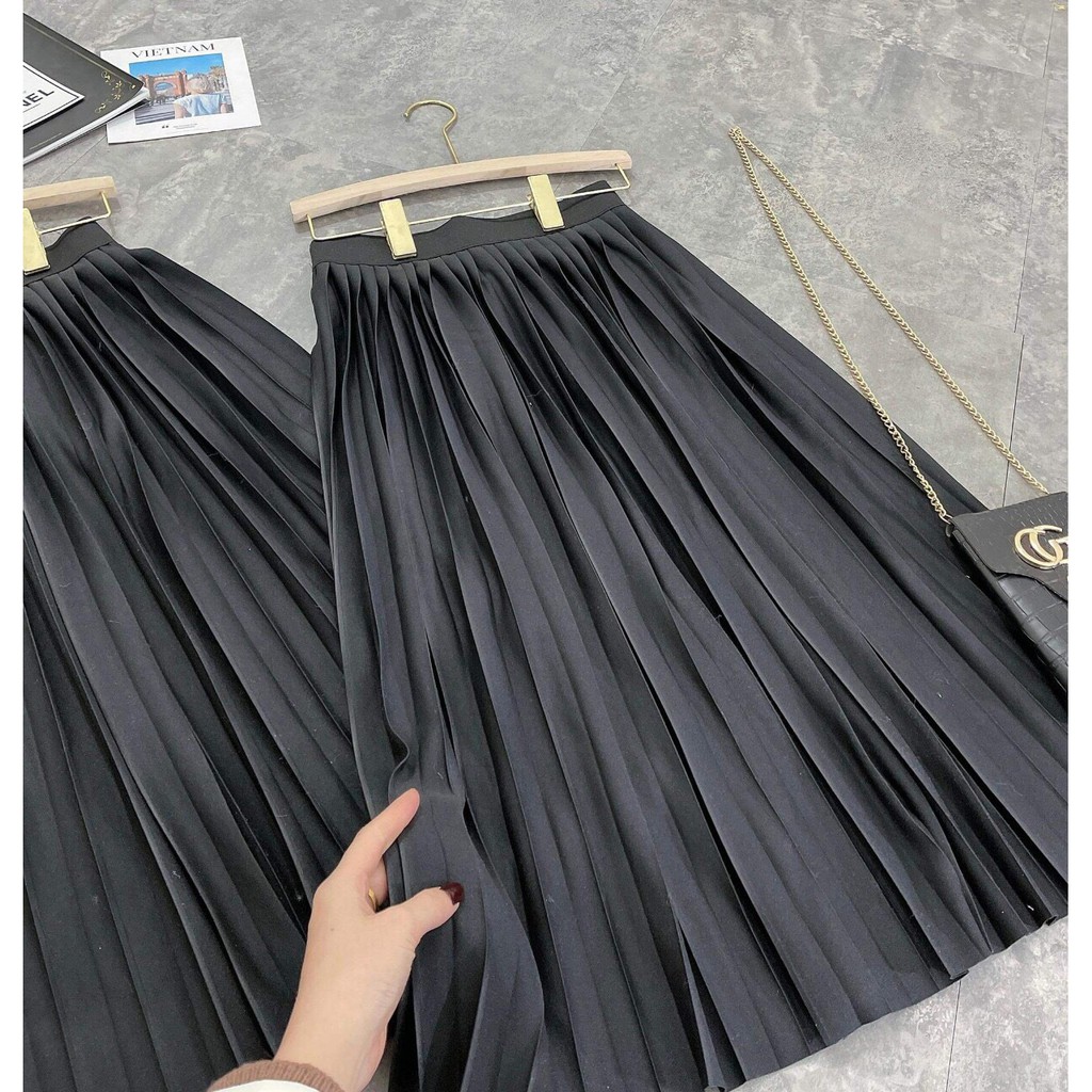 Chân Váy Xếp Ly Dáng Dài- Chân Váy Midi Đen Xòe Chữ A Phong Cách Hàn Quốc