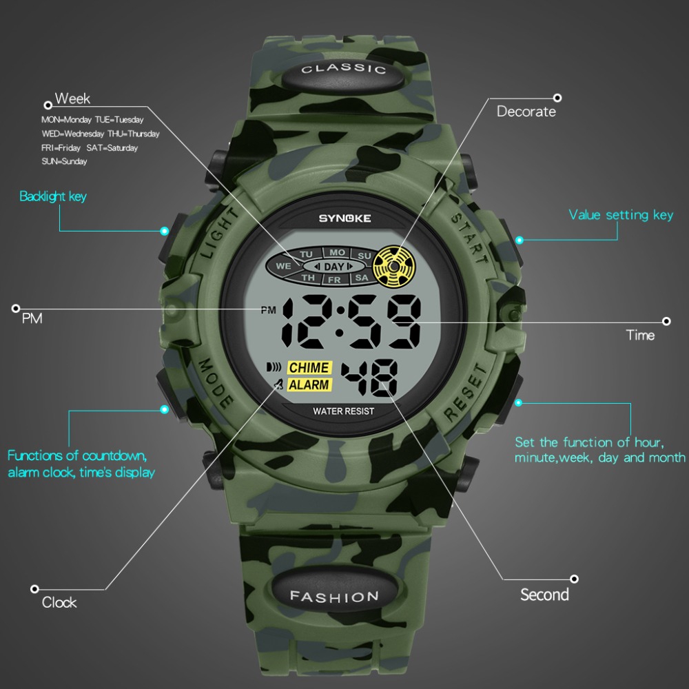 Đồng hồ điện tử SYNOKE chống thấm nước phong cách quân đội 2021 cá tính dành cho bé trai