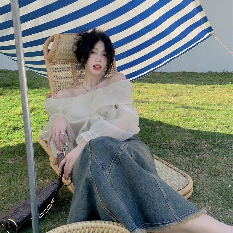 Áo Sơ Mi Trễ Vai Họa Tiết Sọc Caro Phong Cách Hong Kong Cổ Điển Thời Trang Mùa Hè Cho Nữ