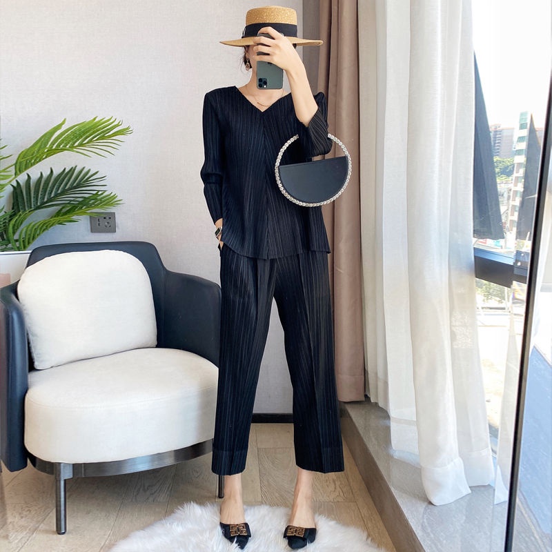 Issey Miyake Bộ Áo + Quần Dài Dáng Rộng Phong Cách Phương Tây Thời Trang Xuân Thu 2023 Cho Nữ