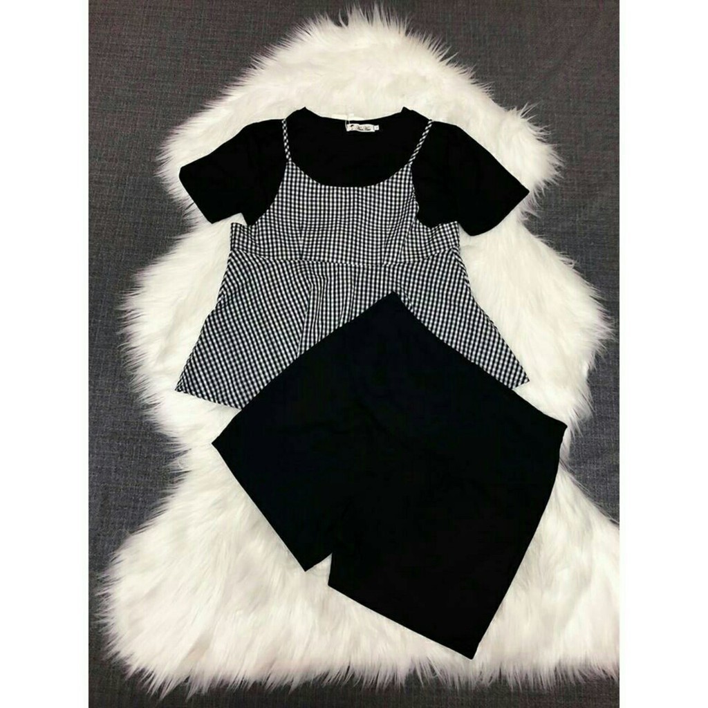 Bộ bầu chất đũi hàn kẻ caro, dáng babydoll, đen, mềm, siêu mát, thấm hút mồ hôi, free size 43~70kg