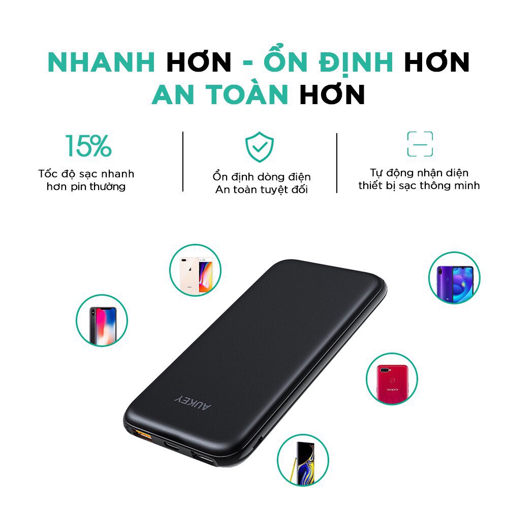 Pin Sạc Dự Phòng 10000mAh Aukey PB-Y13 Sạc nhanh QC 3.0 &amp; Type C 18W - Hàng Chính Hãng