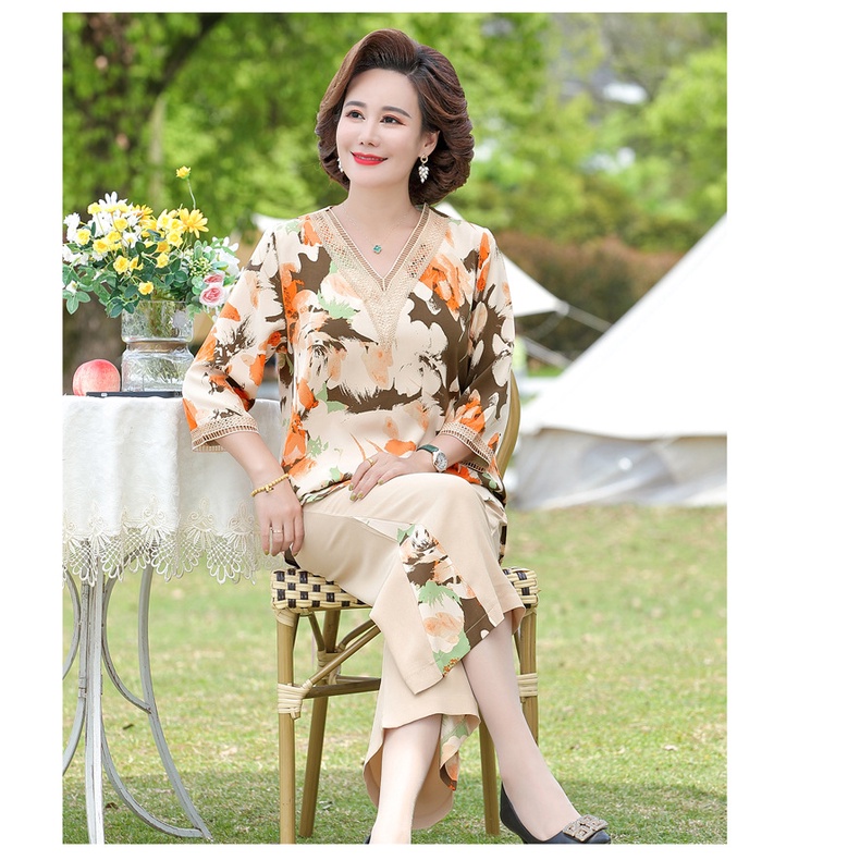 Đồ bộ trung niên nữ cho mẹ, Hàng Quảng Châu cao cấp, Bộ voan cổ chữ V 2 màu V'vie Ladies #B23