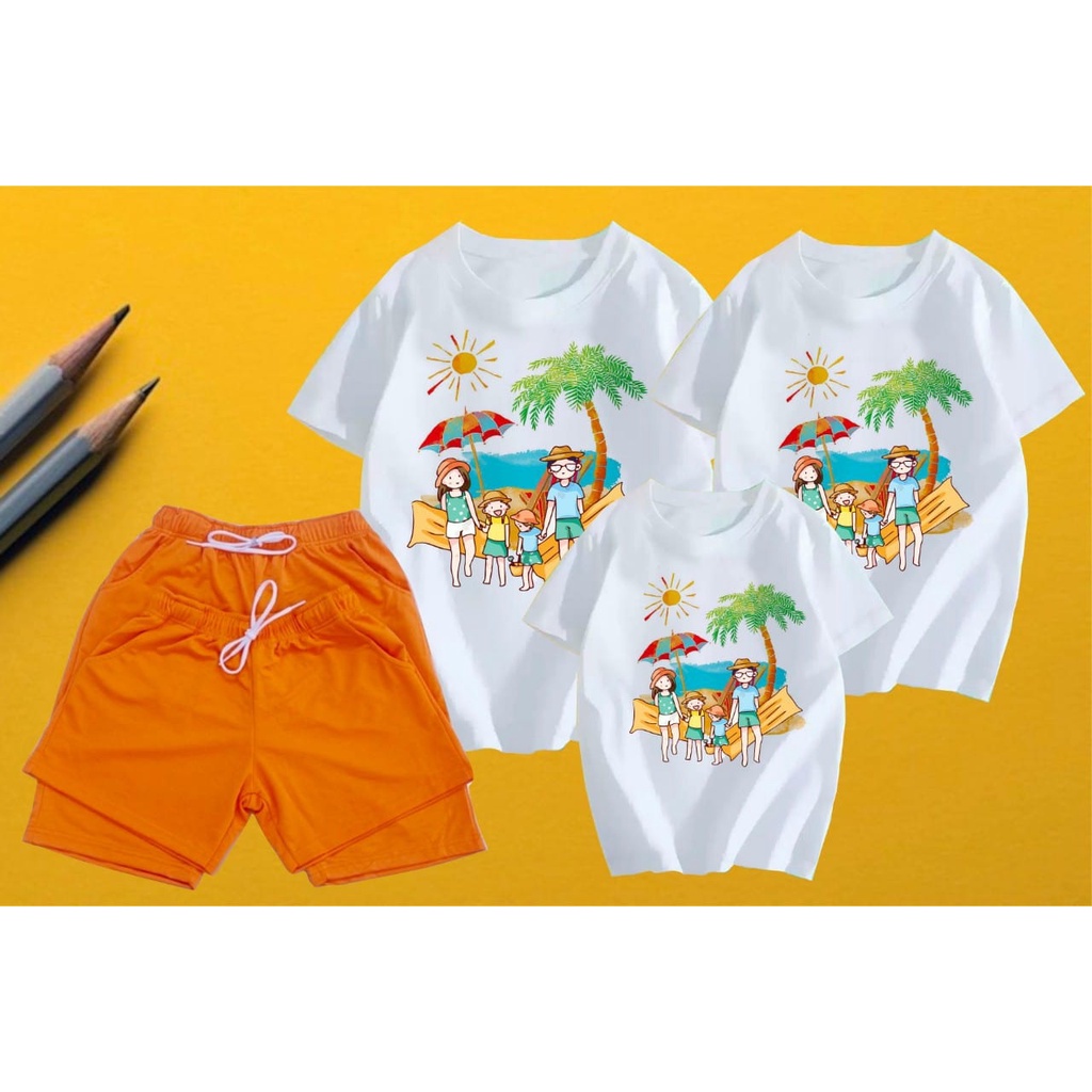 Áo thun gia đình đi biển, đồng phục gia đình, nhóm 3,4,5 người áo thun coton dày dặn, mát mịn - in hình gia đình cây dừa
