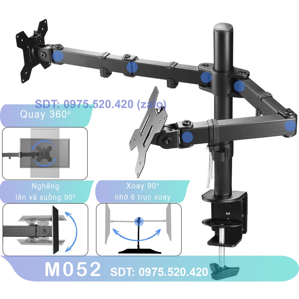 M052 - Giá Treo Hai Màn Hình Máy Tính/ Giá Đỡ 2 Màn Hình Kẹp Bàn [Màn hình 17 – 27 Inch] [ Rẻ Hơn NB F160 / NB H180]