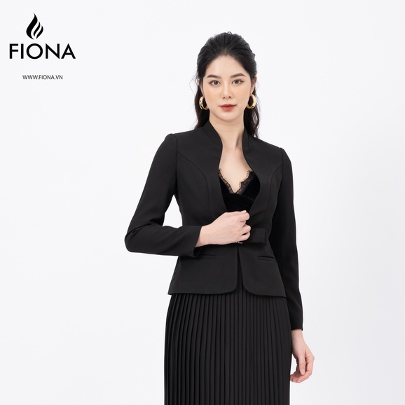 Áo vest cổ leo tay dài mặt đai mở kẹp nơ trang trí thân trước FIONA F651434