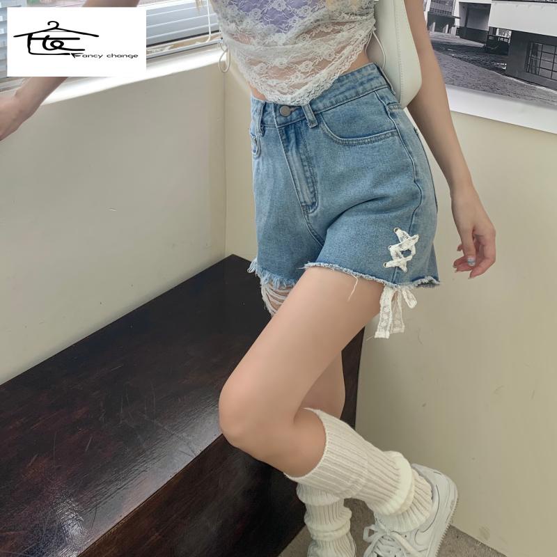 Quần Short Denim Lưng Cao Ống Rộng Phong Cách Hong Kong Thời Trang Mùa Hè Cho Nữ