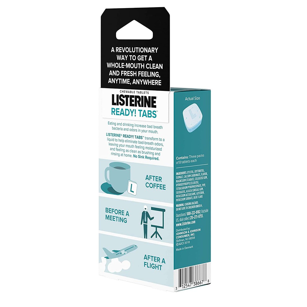 Kẹo nhai ngậm, xúc miệng thơm miệng Listerine. Ready Tabs Clean Mint. Đan Mạch