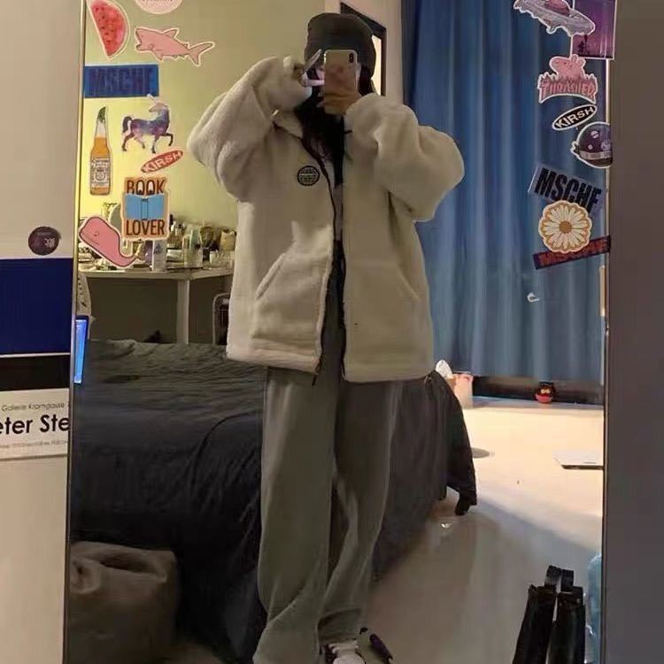 Áo khoác lông cừu chữ lưng Dlmasx Unisex [FREESHIP] Hoodie zip form rộng tay phồng kiểu dáng cá tính hàn quốc peonyb