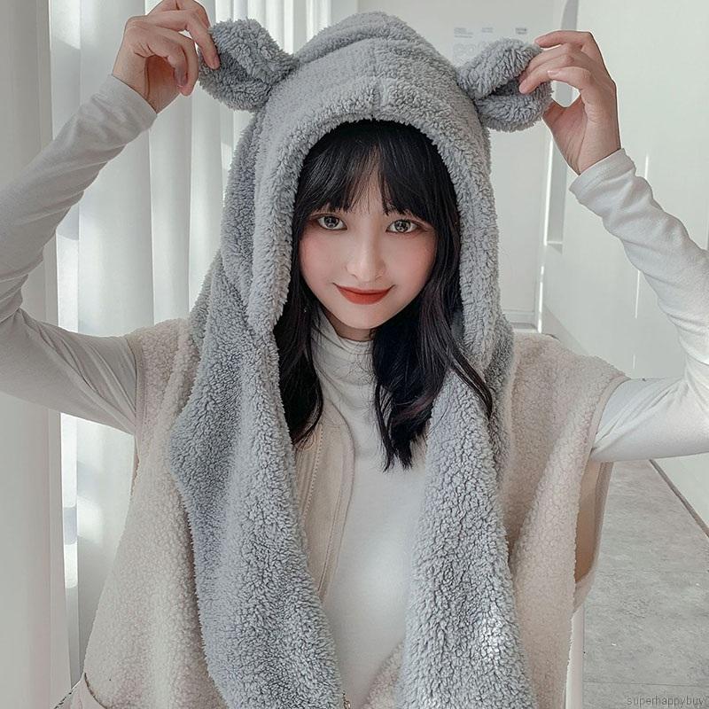 Mũ tai gấu phối lông nhung màu trơn kèm khăn choàng đáng yêu thời trang mùa đông cho nữ