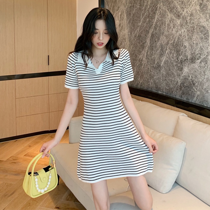 Đầm dệt kim ZHELIHANGFEI tay ngắn cổ bẻ họa tiết kẻ sọc thời trang cho nữ