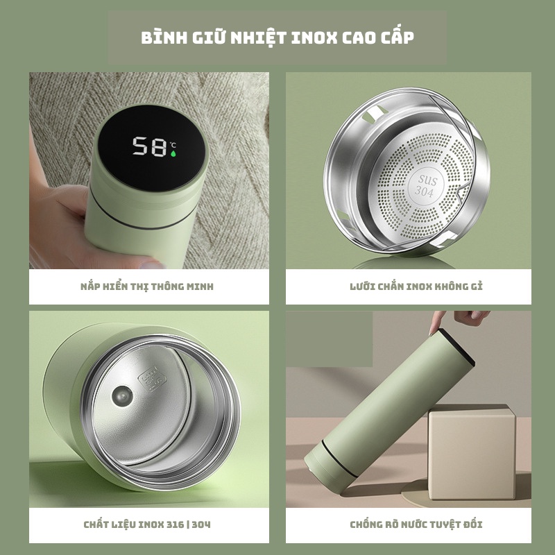 Bình giữ nhiệt Inox SUS 316 480ml màu pastel hiện đại, giữ nhiệt 12 tiếng