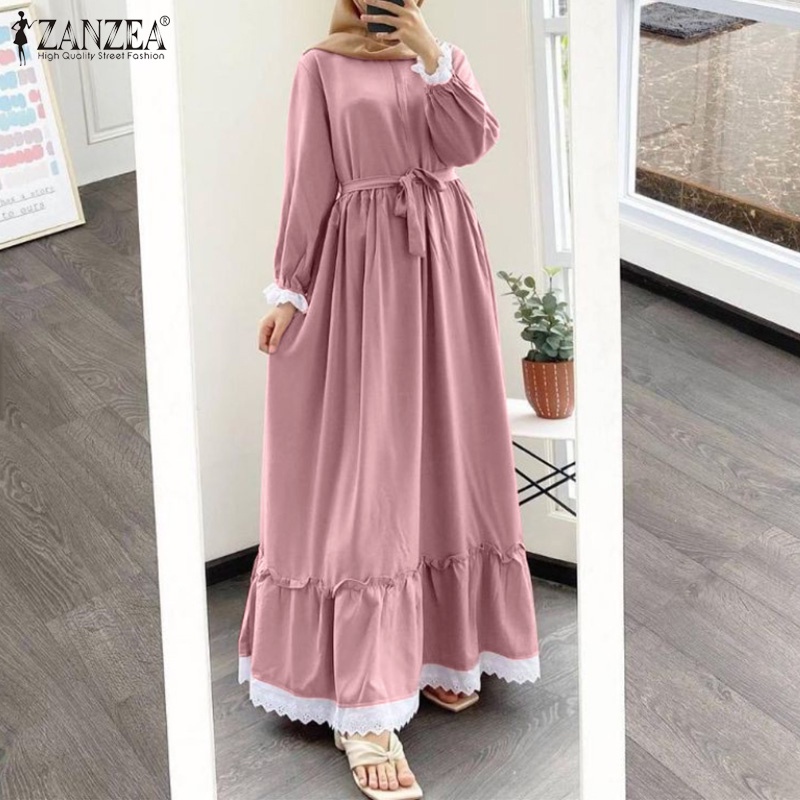 Đầm maxi ZANZEA tay dài cổ tròn màu trơn viền nhún bèo phong cách thanh lịch thời trang thường ngày cho nữ