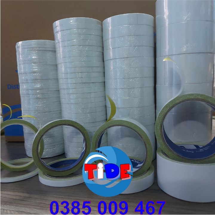 Băng dính 2 mặt dầu vàng thêu bản rộng 5/10/18/47mm – Dùng trong công tác VPP, dán hồ sơ, bao thư, bưu thiếp...