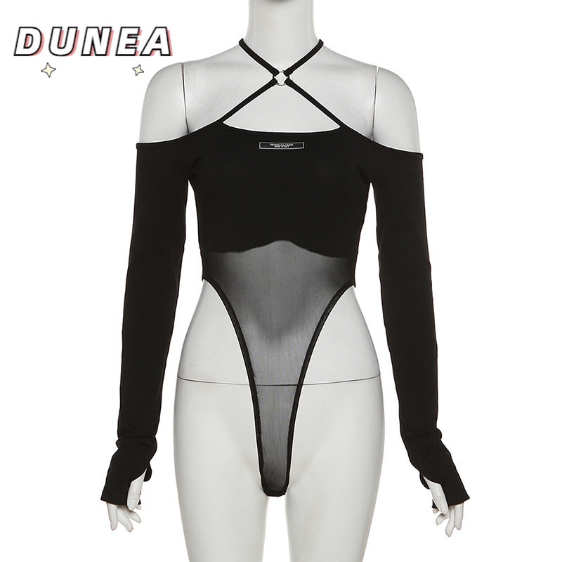 DUNEA Jumpsuit Trễ Vai Phối Lưới Thiết Kế Ôm Sát Tôn Dáng Quyến Rũ Thời Trang Dành Cho Nữ