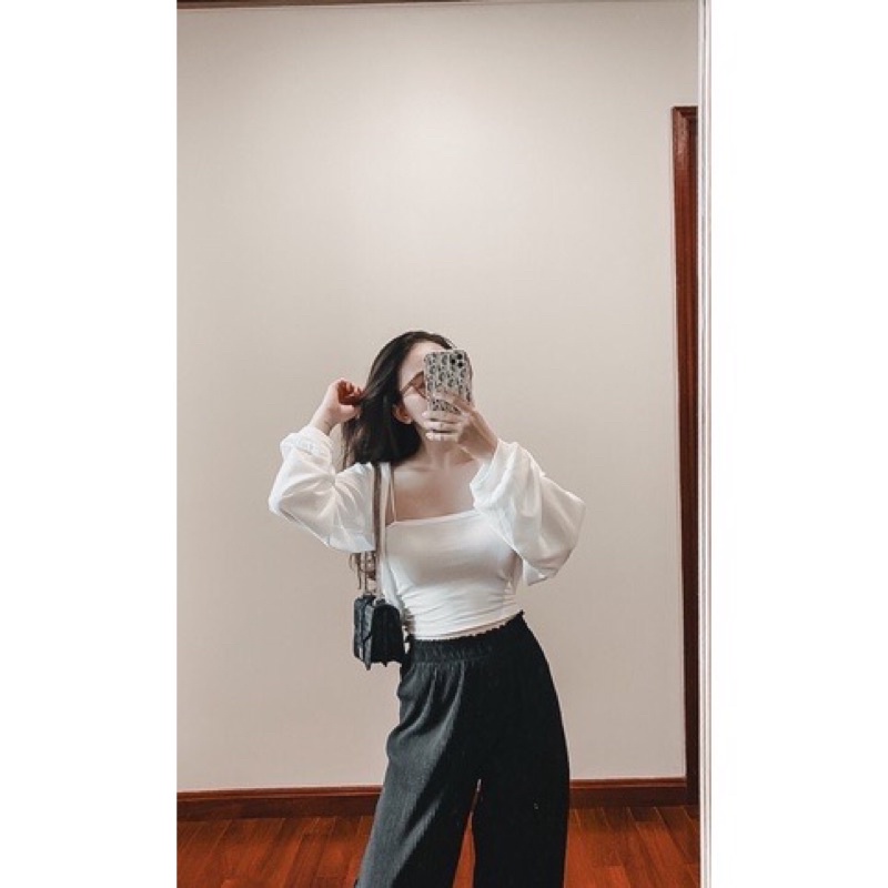 Set Áo Khoác Cánh Dơi Trắng Kèm  Áo Quây Nữ Siêu Xinh ⚡ Set Áo Dài Tay Kèm Áo 2 Dây Trắng Nữ