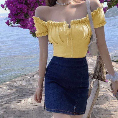 Áo Croptop Kiểu Trễ Vai Phong Cách Vintage Pháp Quyến Rũ