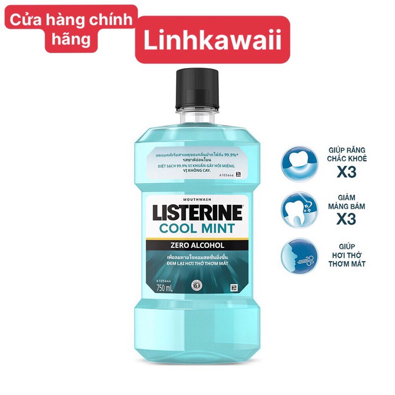 Nước súc miệng không cay giúp hơi thở thơm mát Listerine Cool Mint Zero 750ml