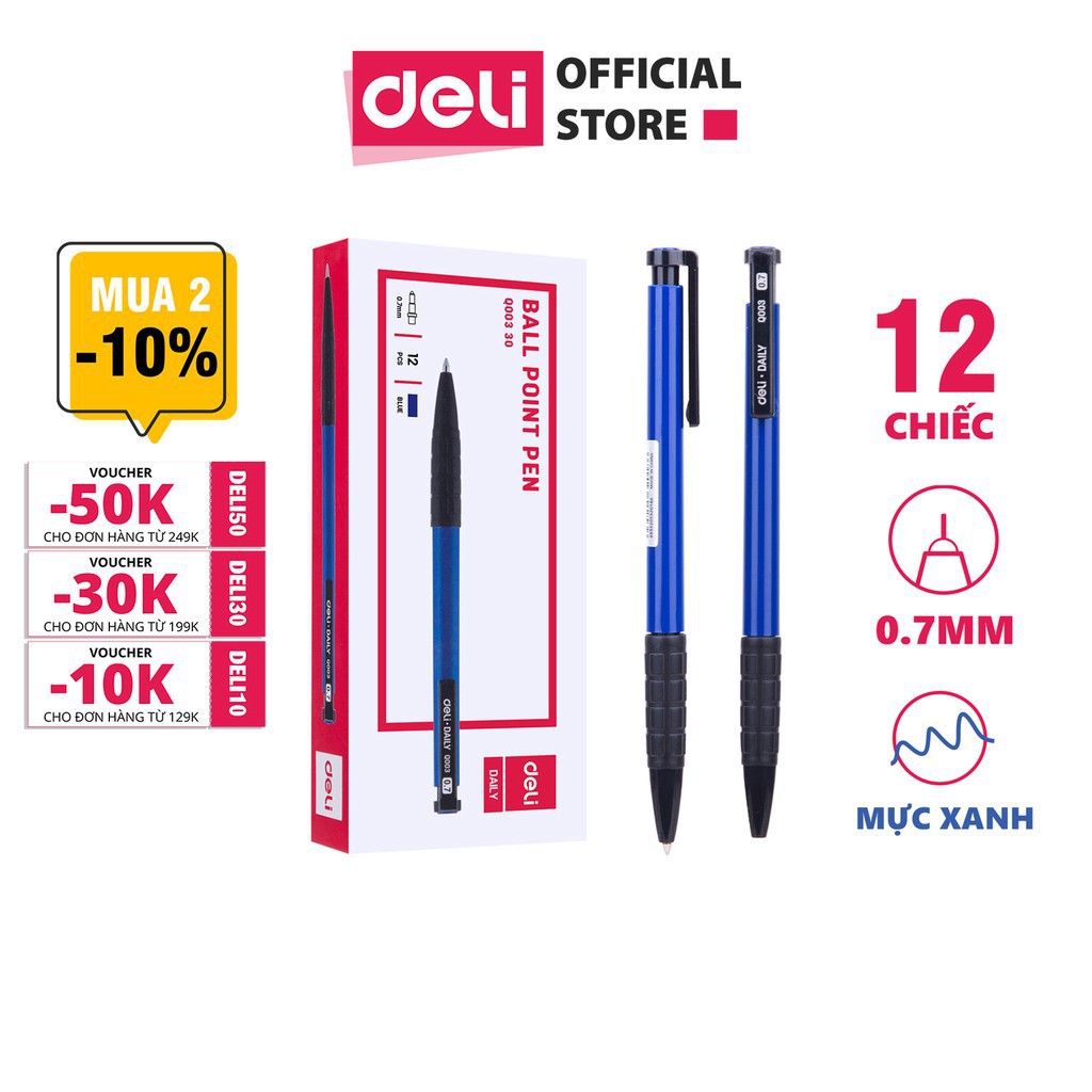 Bút bi bấm Deli - 0.7mm - Xanh dương - 12 cây/hộp - EQ00330