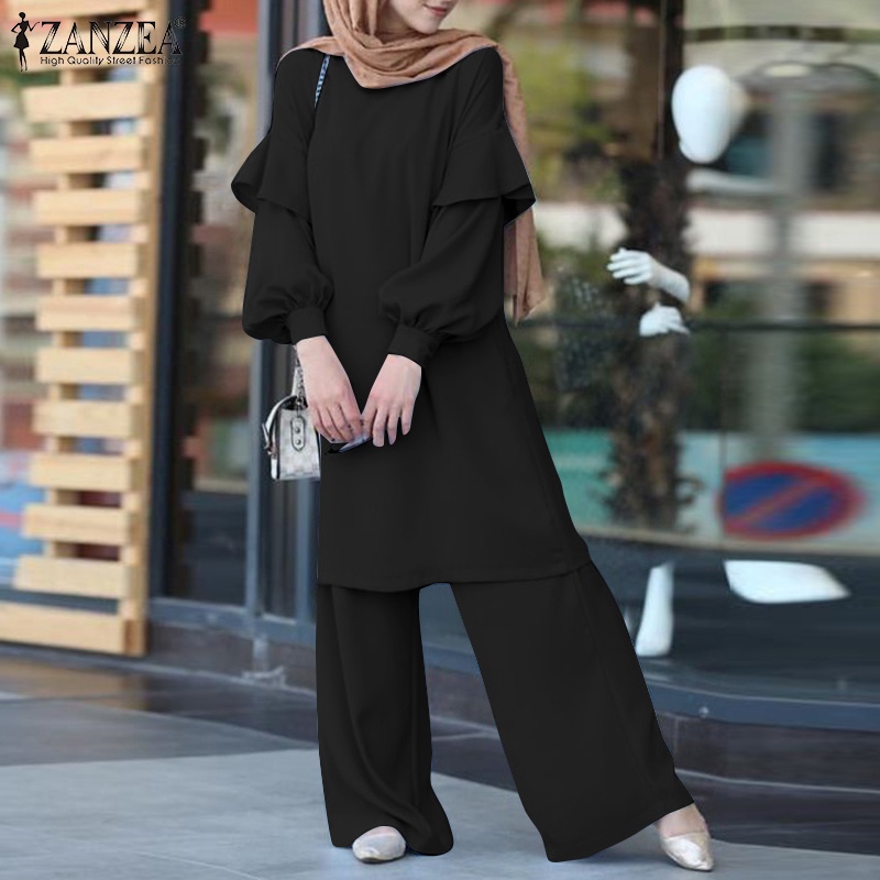 Set áo tay dài cổ tròn kèm quần dài lưng thun ZANZEA thời trang cho nữ