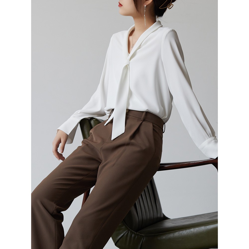 Sơ Mi Thời Trang Công Sở Nữ Tay Dài, Cổ Nơ Thanh Lịch, Áo Lụa Cát Trắng, Đen Basic Quyên Fashion AA529