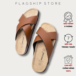 Dép quai chéo màu nâu đế trấu quai dép da Pu Basic unisex