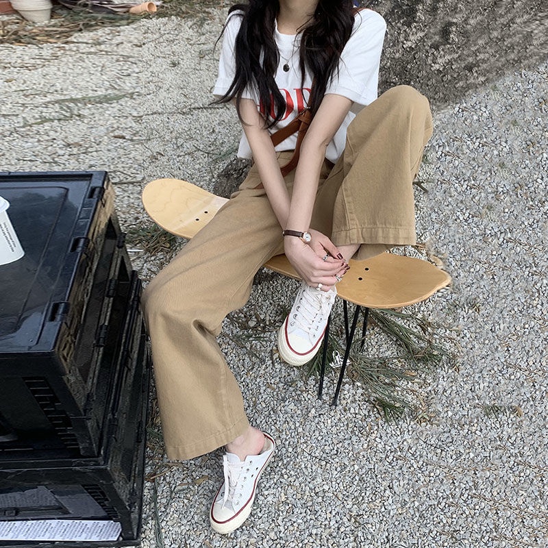 Quần jeans kaki lưng cao ống rộng phong cách Hàn Quốc thời trang dành cho nữ