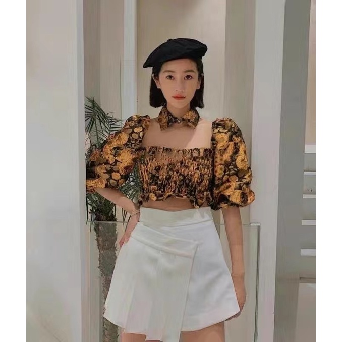 Áo hoa thân thun co giãn tay bồng trễ vai croptop thời trang
