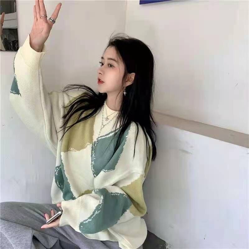 Áo Sweater Dài Tay Kẻ Caro Màu Sắc Tương Phản Cá Tính 203582 Áo Dệt Kim Dáng Rộng Phong Cách Retro Hàn Quốc