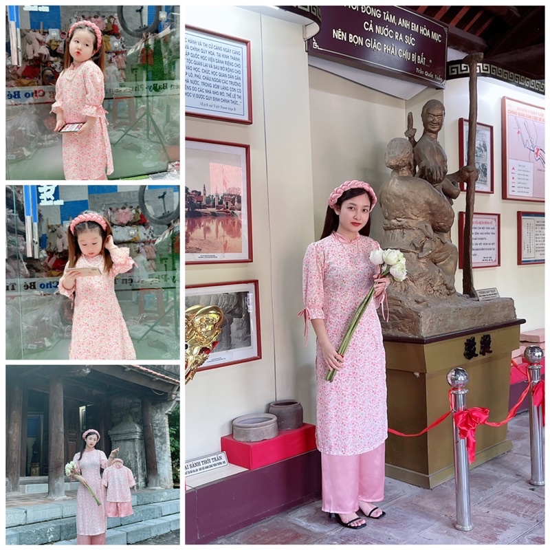 Áo dài hồng hoa cho mẹ và bé