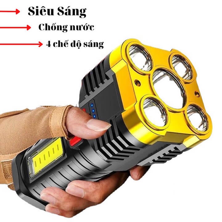 Đèn Pin Siêu Sáng -  Đèn Pin Cầm Tay Chắc Chắn Có 5 Bóng 4 Chế Độ Sáng Tiện Dụng, Chống Thấm Nước, Có Cob Led Hông