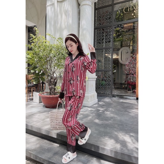 (Dưới 62kg) Đồ bộ pijama Lụa LATIN tay dài quần dài đơn giản mặc nhà cổ V giả vest chuẩn QCCC