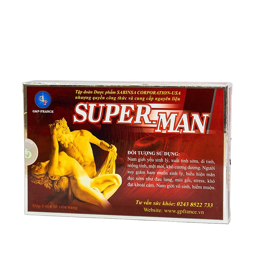 Tăng cường sinh lý nam hiệu quả Super Man 1h Chính hãng -Giúp bổ thận , tráng dương ,sinh lý yếu- có che tên - hộp 10V