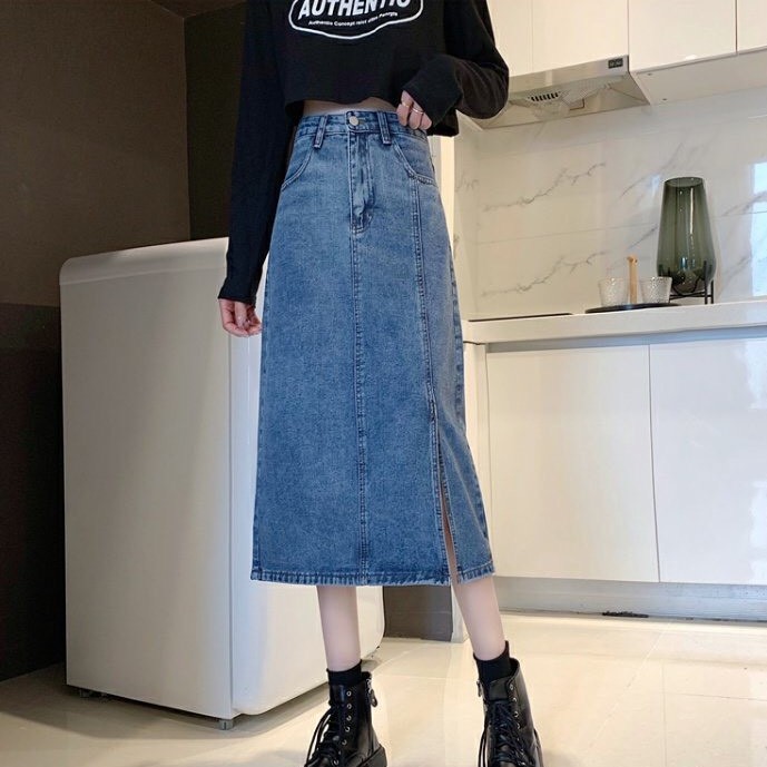 Chân Váy Jeans Dài Xẻ Tà KABICO Chân Váy Bò Dài Cạp Cao Ôm Eo Phong Cách Ulzzang V03