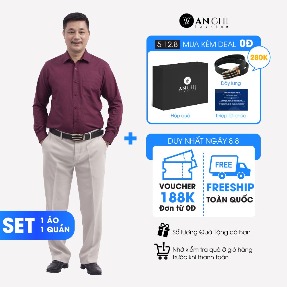 Combo Áo Sơ Mi Nam Đỏ Đô Và Quần Âu Vải Tăm Màu Kem Trung Niên ANCHI Cao Cấp