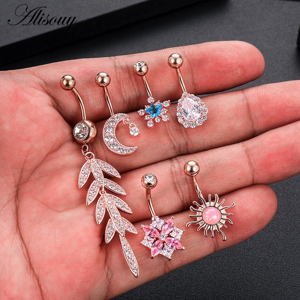 Alisouy 1 Khuyên Rốn Dài Hình Mặt Trời Mặt Trăng Trái Tim Bằng Thép Cho Nữ