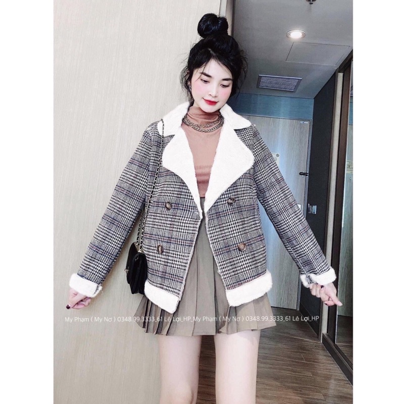 Áo khoác dạ kẻ caro lót lông ấm áp  cổ vest thu đông cao cấp phong cách hàn quốc | BigBuy360 - bigbuy360.vn