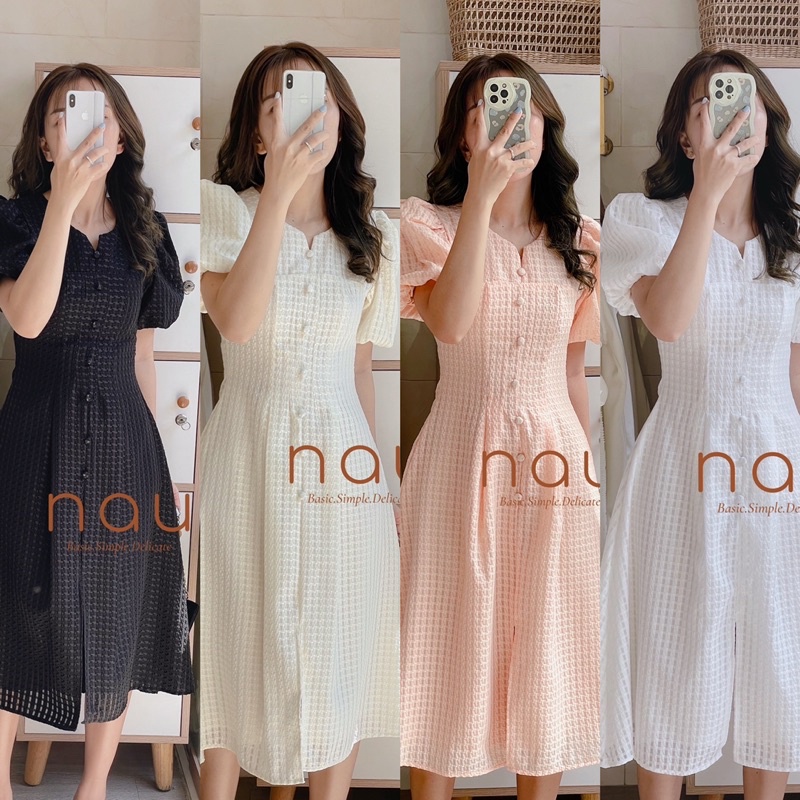 Đầm tay phồng phối nút bọc xẻ tà 5 màu