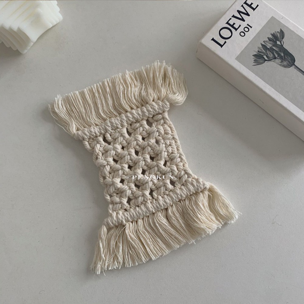 Miếng lót cốc bằng cotton dệt trang trí tua rua độc đáo