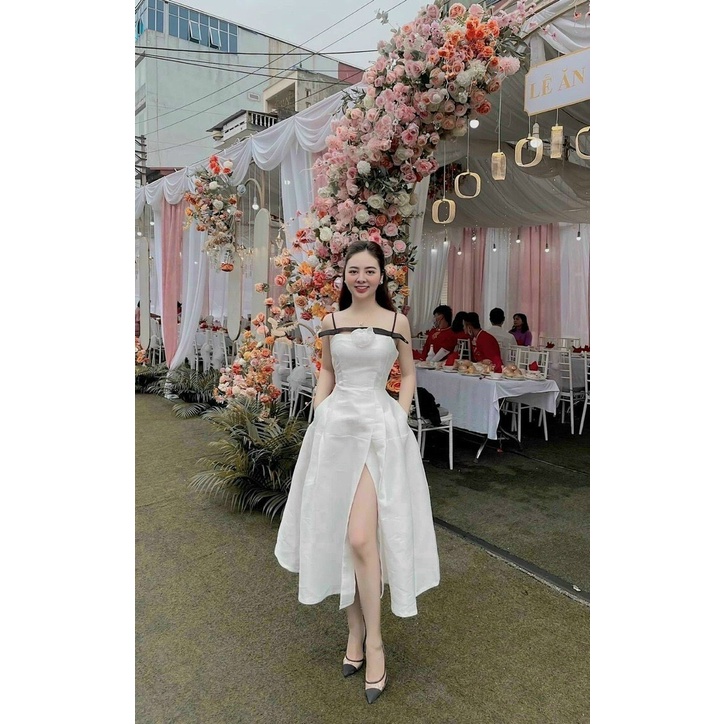 [9.9 Sales Freeship] Đầm nữ 2 dây đính đính hoa trước ngực, đầm đi tiệc dáng dài xẻ tà chất tapda cực sang trọng dx