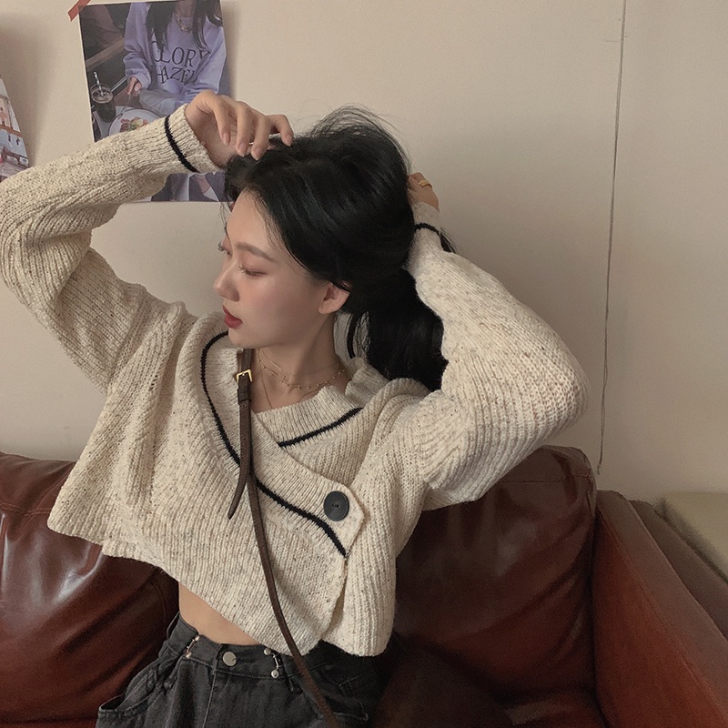 Áo len dệt kim IHKKE dáng ngắn phong cách phương Tây thời trang cho nữ