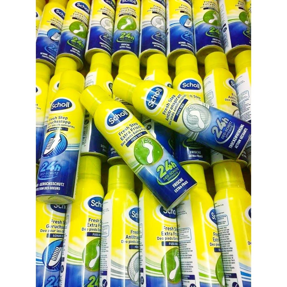 Xịt khử mùi hôi giầy, hôi chân Scholl Fresh Step (Đức) lọ150ml. Giảm tiết mồ hôi chân, mùi hôi giày hiệu quả