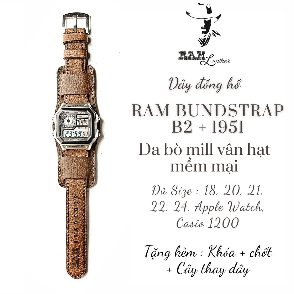 Combo Dây Đồng Hồ Thủ Công Da Thật RAM Leather 1951 Và B2 Da Bò Bền Đẹp 18mm, 20mm, 22mm, Casio 1200, iwatch AW