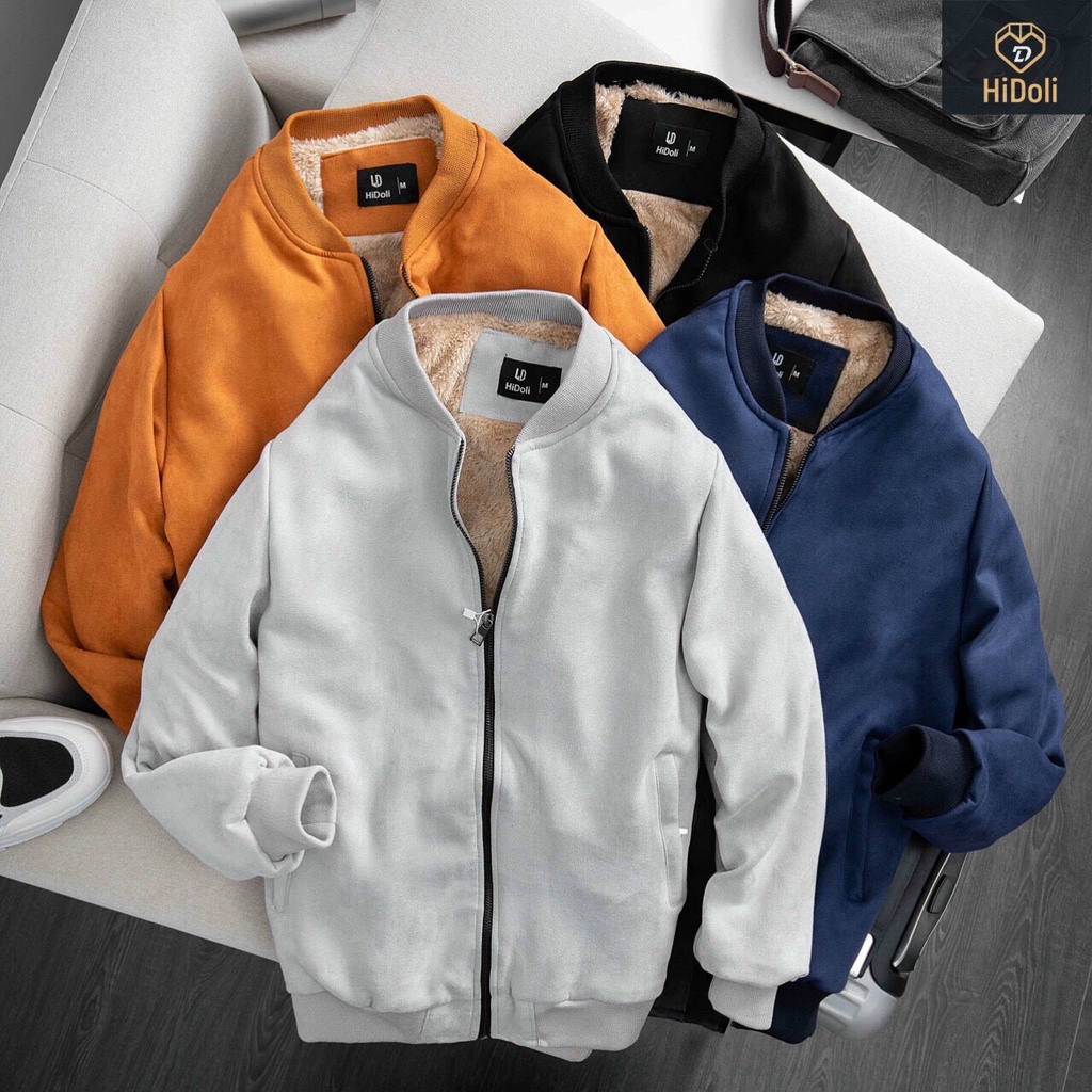 Áo bomber nam da lộn, khoác nam lót lông thời trang 4 màu đen than ghi vàng bò