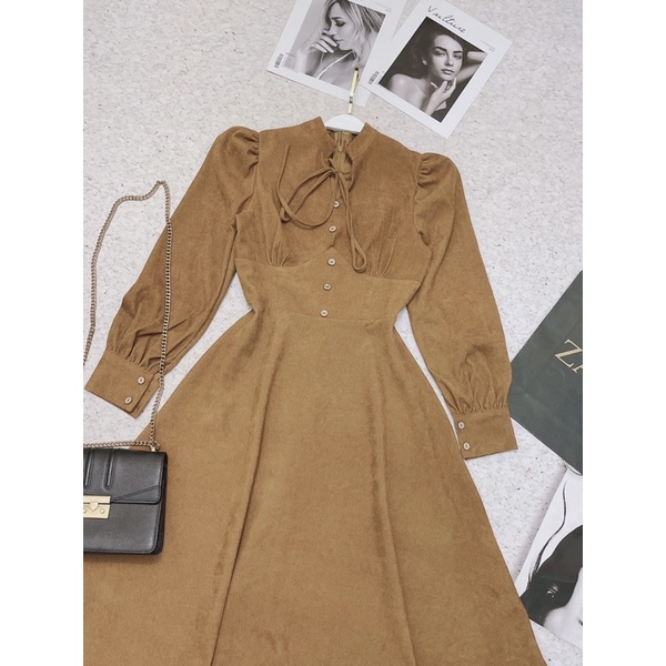 Váy thiết kế nhung tăm cổ có dây nơ dúm ngực dáng xòe tiểu thư | BigBuy360 - bigbuy360.vn